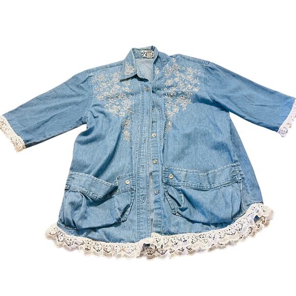 Vintage 90's Silver Denim Button Up with Embroidery and Lace Details M - Picture 1 of 4